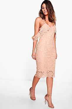 Boohoo Lace Open Shoulder Midi Dress