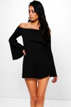 Boohoo Ruth Off The Shoulder Flare Sleeve Playsuit Black