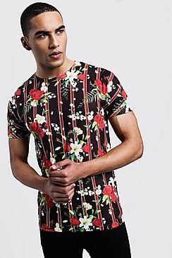 Boohoo Vertical Stipe Rose Print Regular Jersey Tee