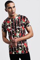 Boohoo Vertical Stipe Rose Print Regular Jersey Tee