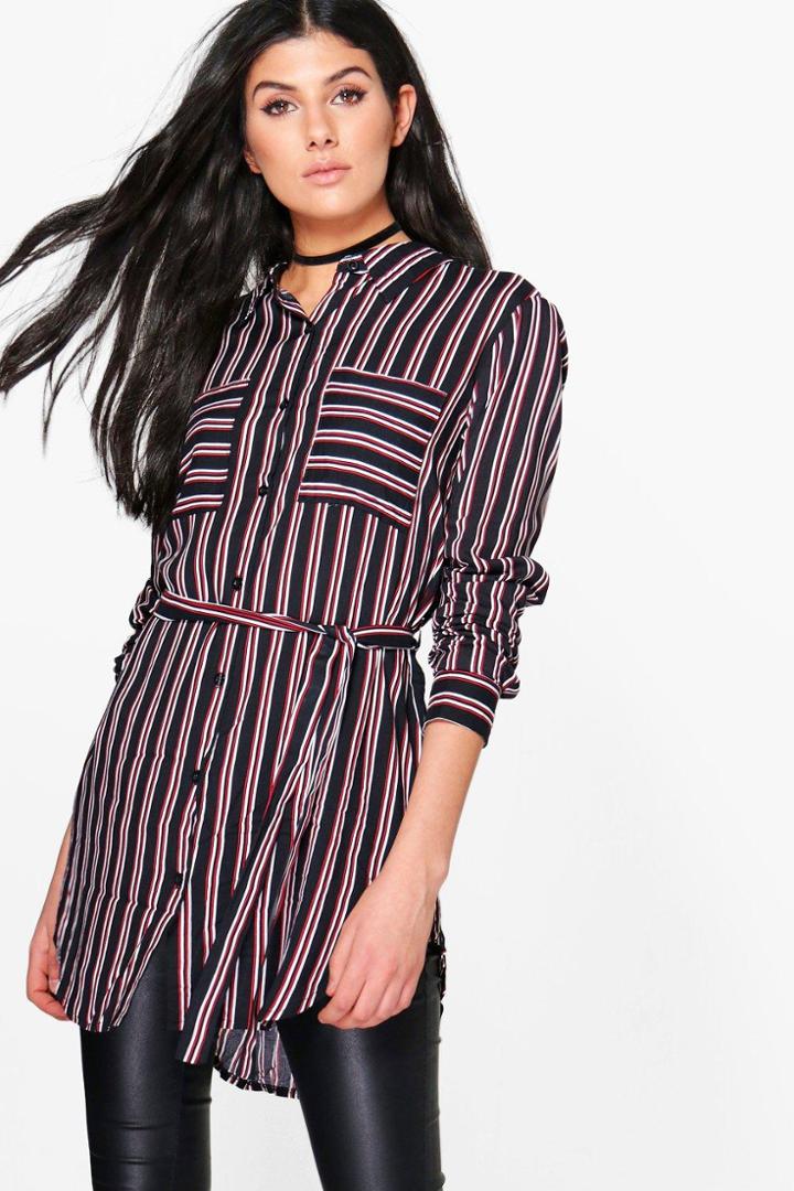 Boohoo Keira Stripe Longline Shirt Black