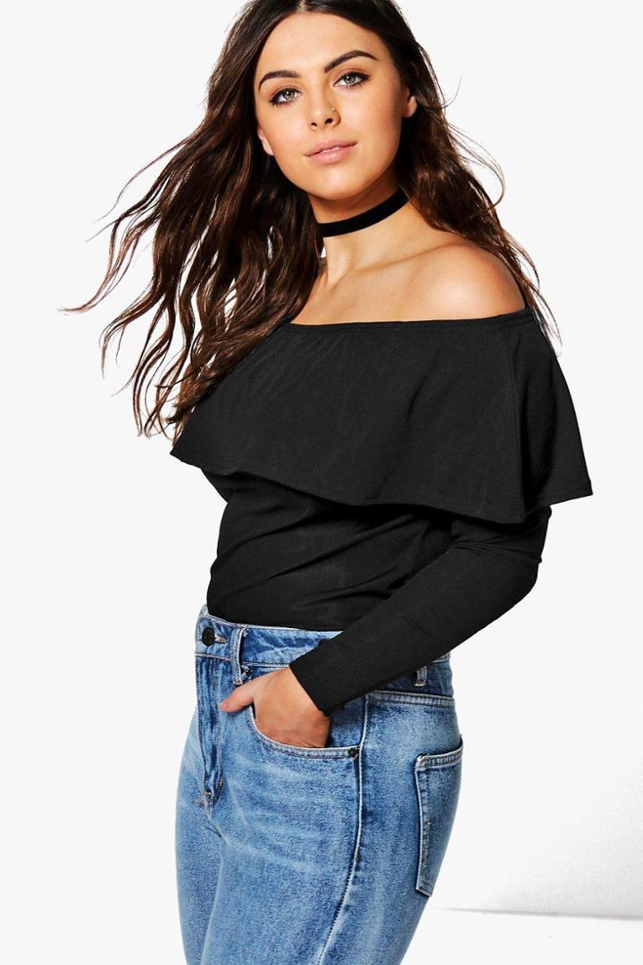 Boohoo Plus Caroline Off Shoulder Ruffle Silky Ribbed Top Black