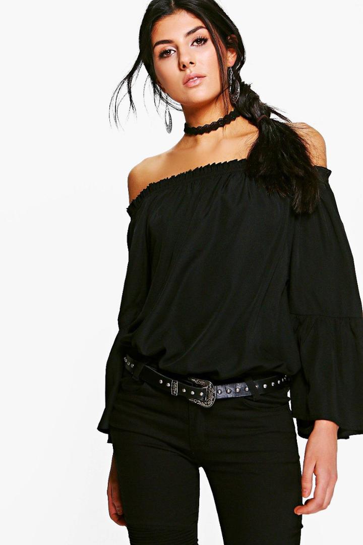 Boohoo Nadia Woven Off The Shoulder Ruffle Top Black