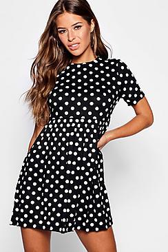 Boohoo Petite Polka Dot Smock Dress
