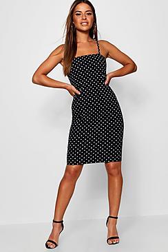 Boohoo Petite Hannah Polka Dot Square Neck Midi Dress