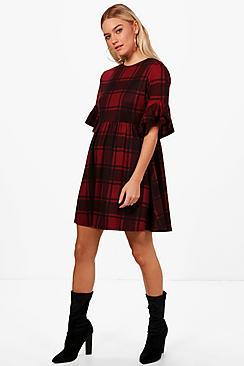 Boohoo Eva Tartan Frill Sleeve Smock Dress