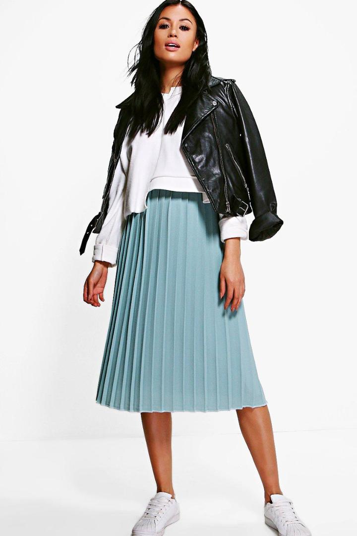 Boohoo Neave Crepe Pleated Midi Skirt Sage