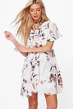 Boohoo Sabra Floral Ruffle Bolo Tie Tea Dress