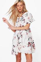 Boohoo Sabra Floral Ruffle Bolo Tie Tea Dress