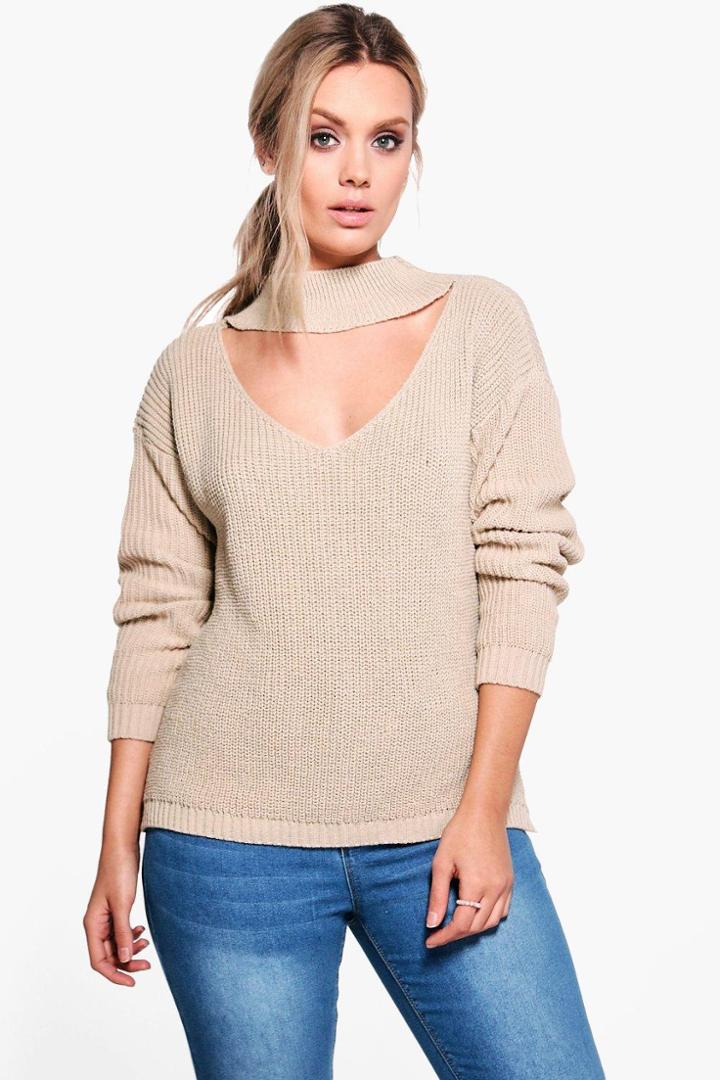 Boohoo Plus Belinda V Neck Choker Detail Jumper Stone