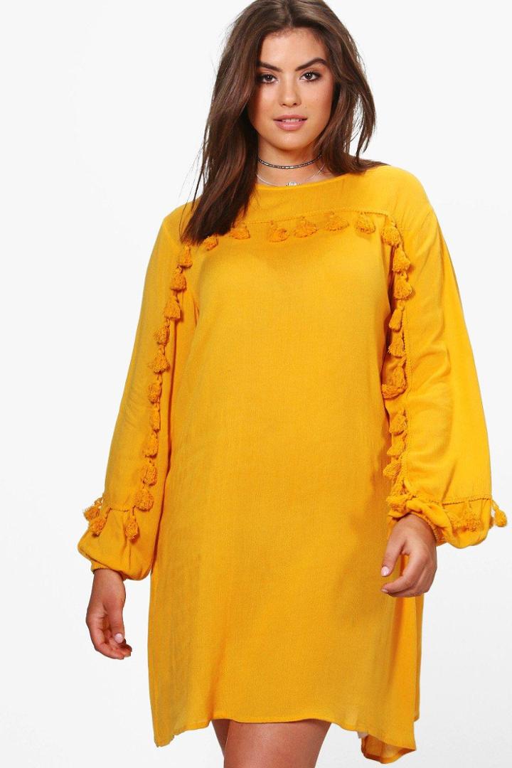 Boohoo Plus Rachel Tassel Front Shift Dress Mustard