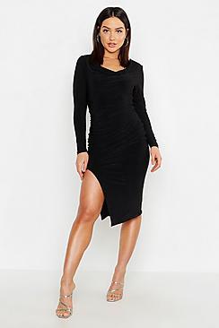 Boohoo Double Slinky Cowl Ruched Midi Dress
