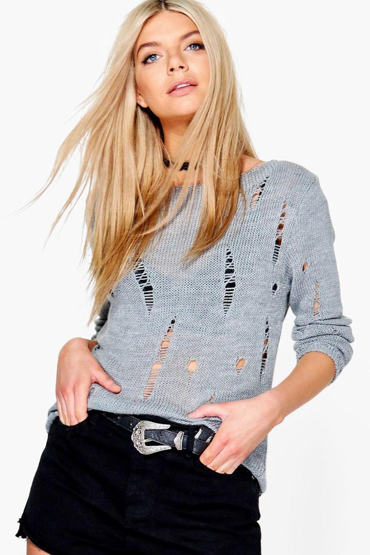 Boohoo Daisy Distressed Jumper Silver