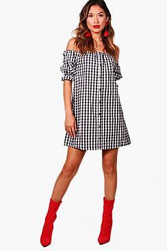 Boohoo Juliette Gingham Off Shoulder Shift Dress