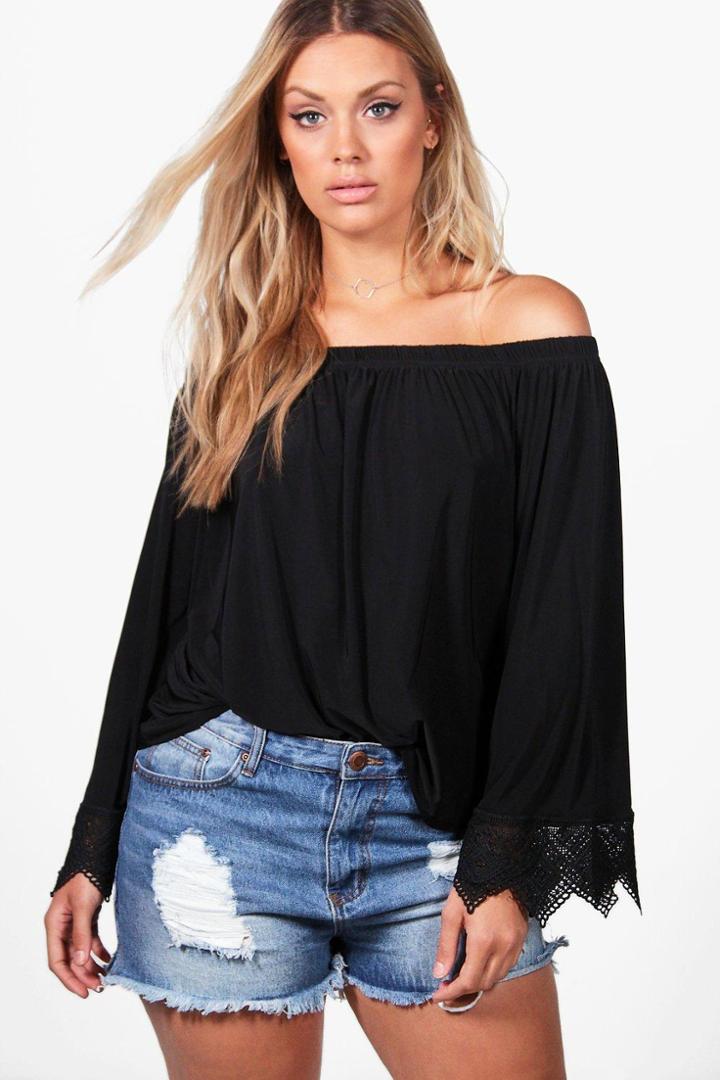Boohoo Plus Emma Off The Shoulder Crochet Trim Top Black