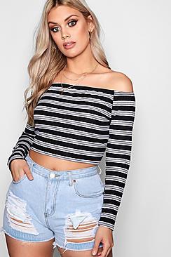 Boohoo Plus Sara Stripe Rib Off Shoulder Crop Top