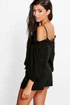 Boohoo Lola Cold Shoulder Cross Back Bardot Top Black