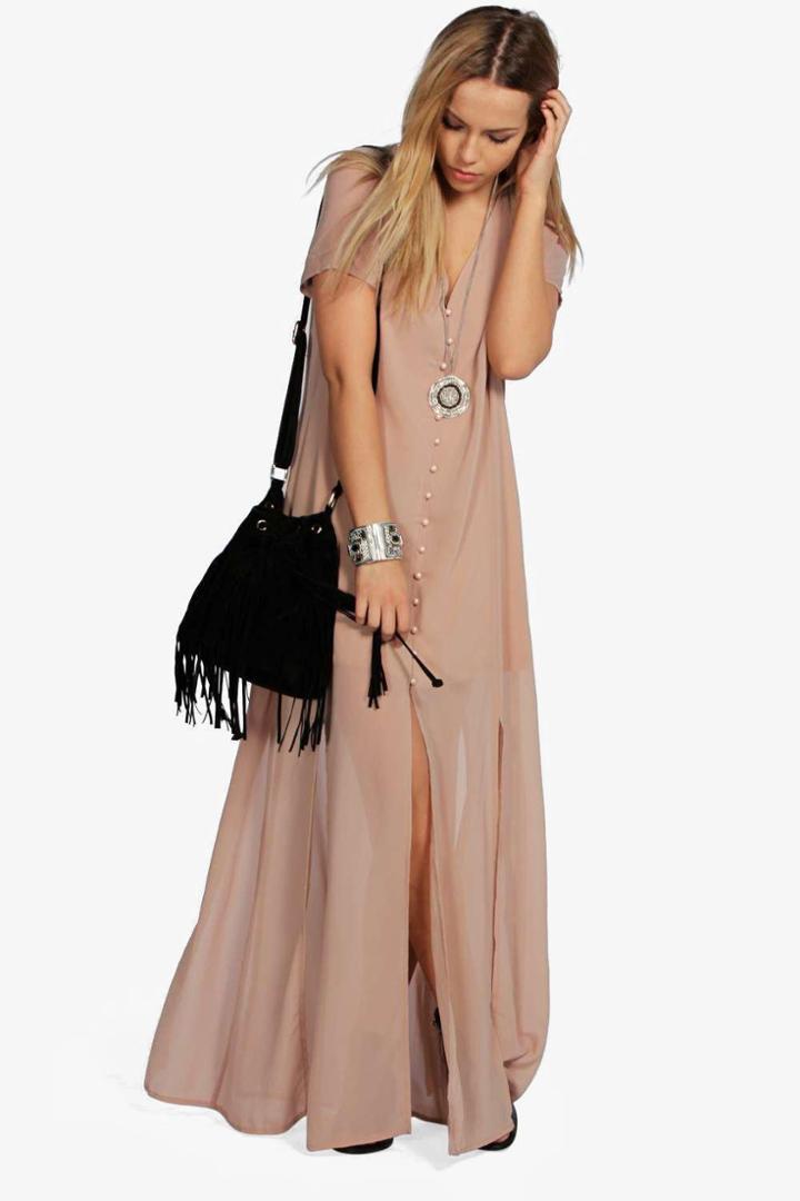 Boohoo Natalya Chiffon Button Through Sliced Maxi Dress Blush