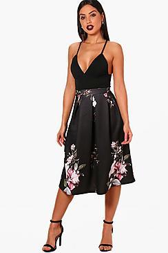 Boohoo Abigail Dark Floral Box Pleat Midi Skirt