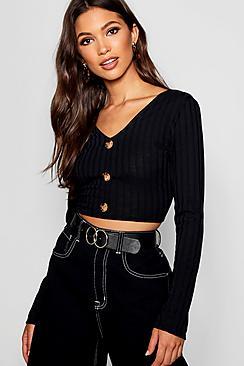 Boohoo Rib Knit Long Sleeve Horn Button Crop Top