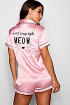 Boohoo Tyler Cat Nap Embroiderd Satin Short Set