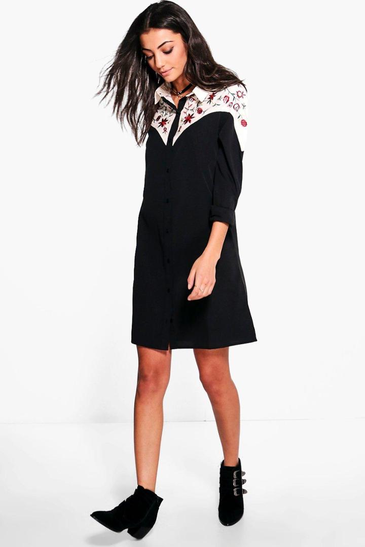 Boohoo Tall Tia Embroidered Western Shirt Dress Multi