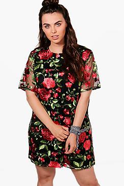 Boohoo Plus Grace Mesh Embroidered Shift Dress