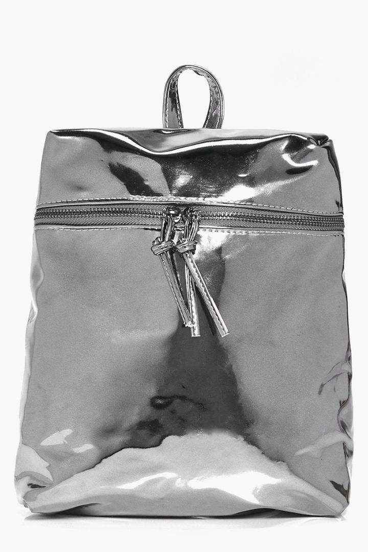 Boohoo Charlotte Zip Shine Metallic Backpack Pewter
