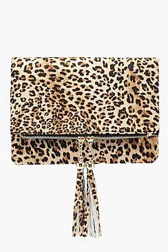 Boohoo Leopard Double Tassel Foldover Clutch