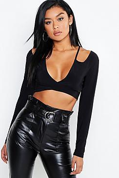 Boohoo Slinky Strappy Cross Over Long Sleeve Crop