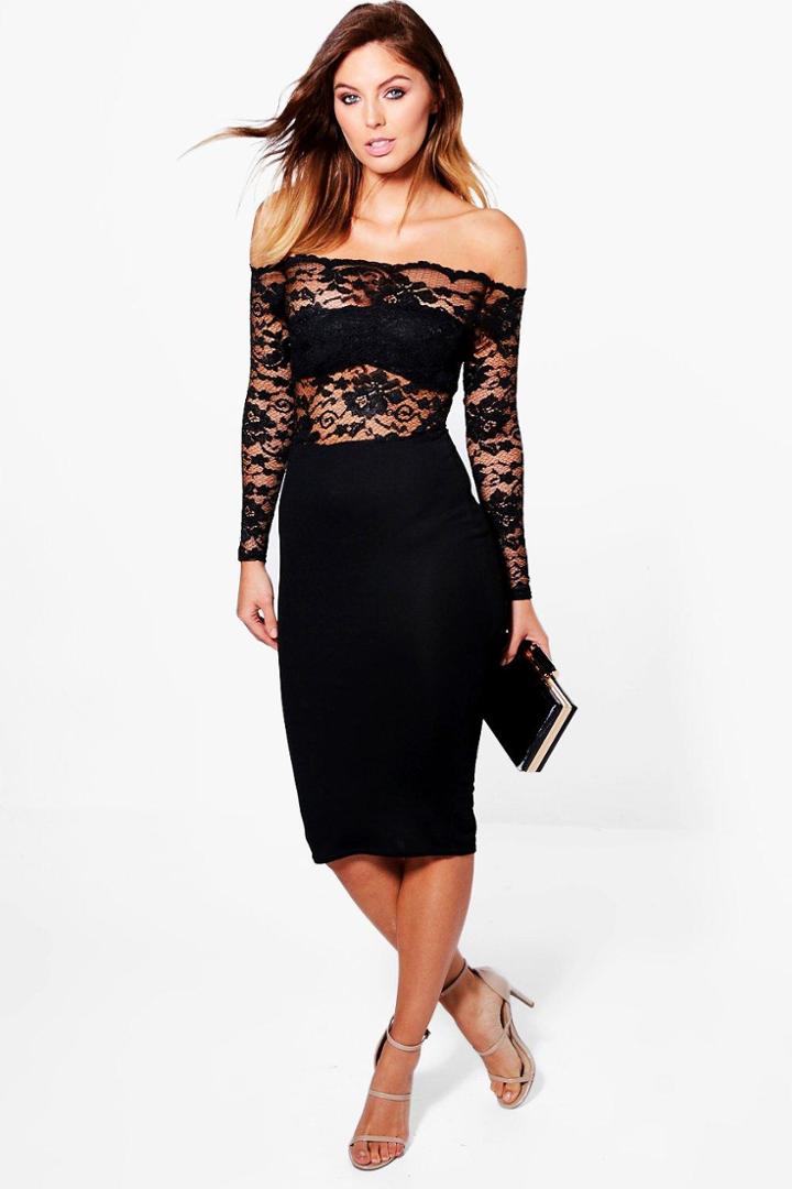 Boohoo Rhia Lace Top Off Shoulder Midi Dress Black