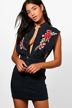 Boohoo Rose Embroidered Denim Bodycon Dress
