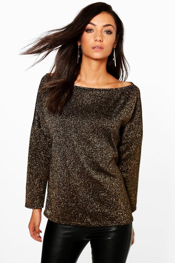 Boohoo Tall Mareesa Metallic Slash Neck Jumper Gold