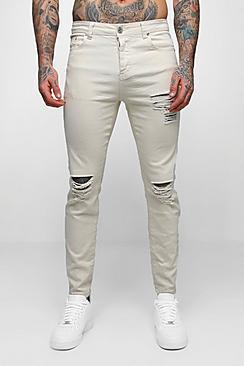Boohoo Skinny Fit Ecru Denim Distressed Jeans