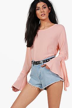 Boohoo Stella Woven Tie Long Sleeve Top