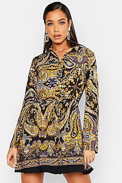 Boohoo Scarf Print Tie Waist Shirt Dress