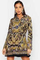 Boohoo Scarf Print Tie Waist Shirt Dress