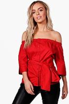 Boohoo Ciara Off The Shoulder Tie Waist Shirt