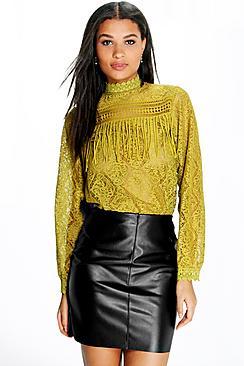 Boohoo High Neck Lace Tassel Trim Blouse