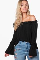 Boohoo Plus Holly Ruffle Flared Sleeve Off The Shoulder Top Black