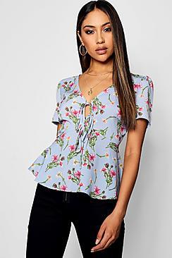 Boohoo Katie Floral Lace Up Peplum Tea Blouse