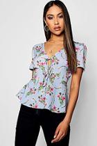 Boohoo Katie Floral Lace Up Peplum Tea Blouse