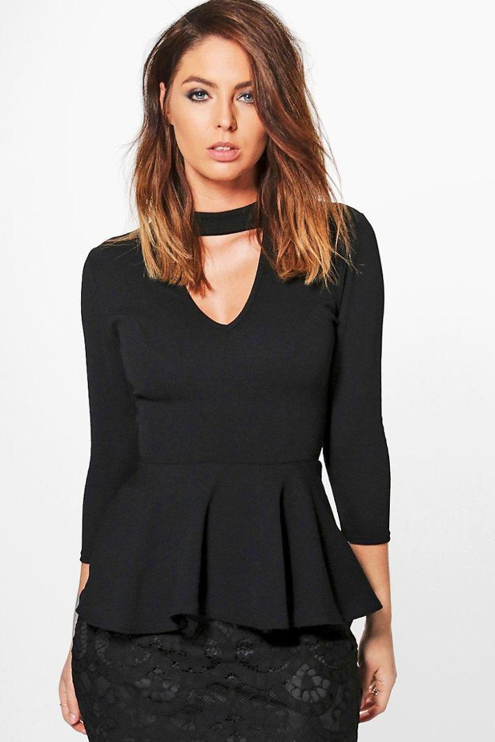 Boohoo Anna Extreme Plunge Choker Peplum Black
