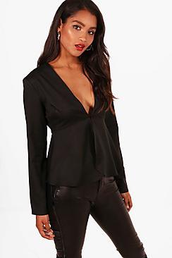 Boohoo Plunge Button Front Peplum Blouse