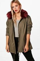 Boohoo Plus Alice Burgundy Fur Trim Parka