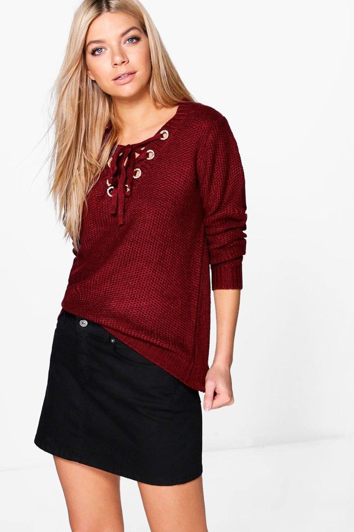 Boohoo Caroline Lace Up Fisherman Jumper Wine