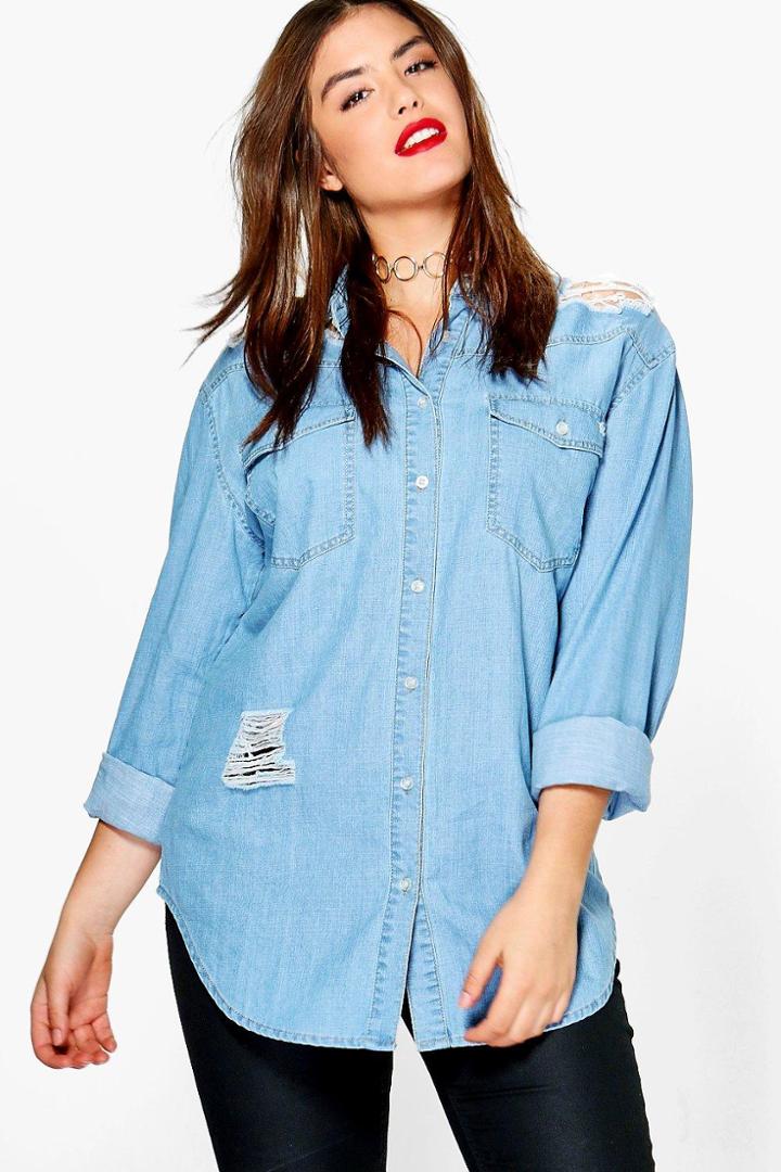 Boohoo Plus Janette Ultra Distressed Oversized Shirt Blue