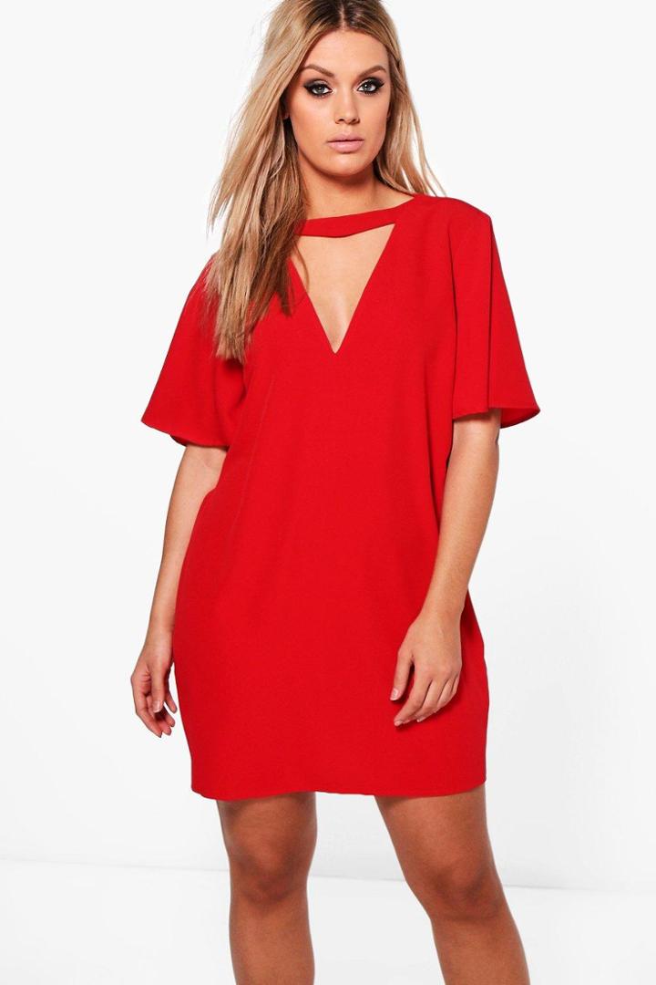Boohoo Plus Ava Choker Detail Frill Sleeve Shift Dress Berry