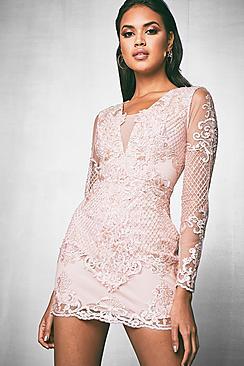 Boohoo Premium Gia Beaded Plunge Neck Bodycon Dress