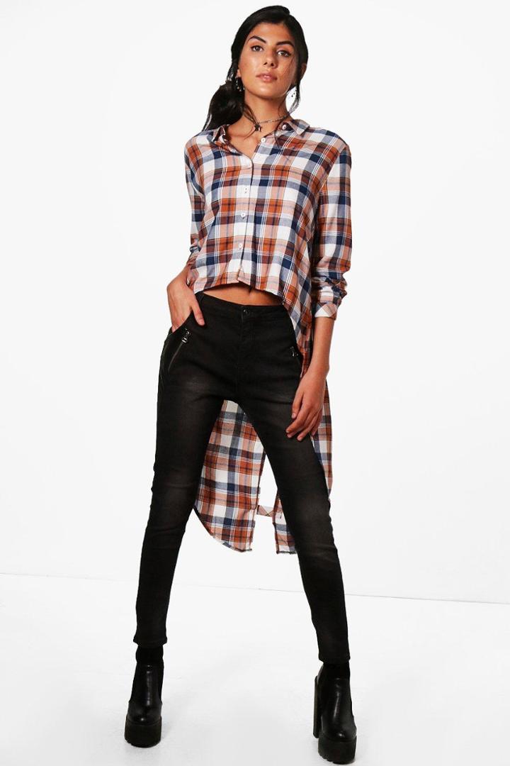 Boohoo Hazel Check Dip Back Shirt Navy